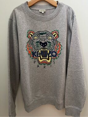 Kenzo Grey Crewneck Sweatshirt with Multicolor Tiger Embroidery